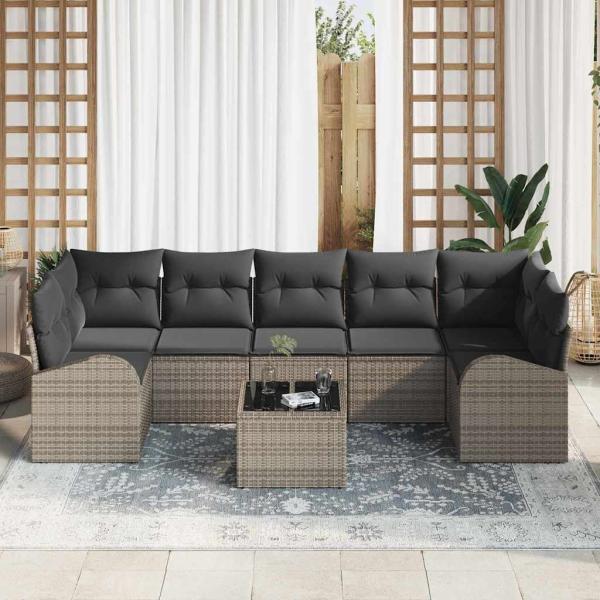 8-teiliges Garten Sofa Set mit Kissen Grau Poly Rattan