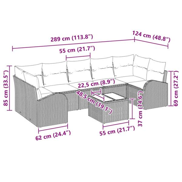 8-teiliges Garten Sofa Set mit Kissen Grau Poly Rattan