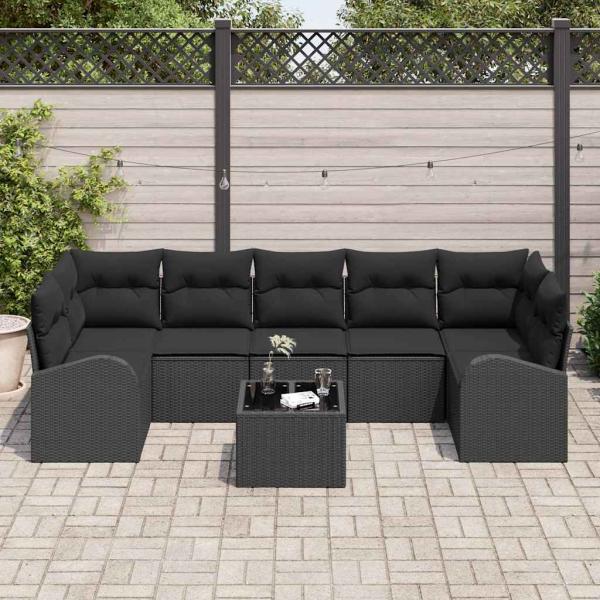 8-teiliges Garten-Sofa-Set mit Kissen Schwarz Poly-Rattan