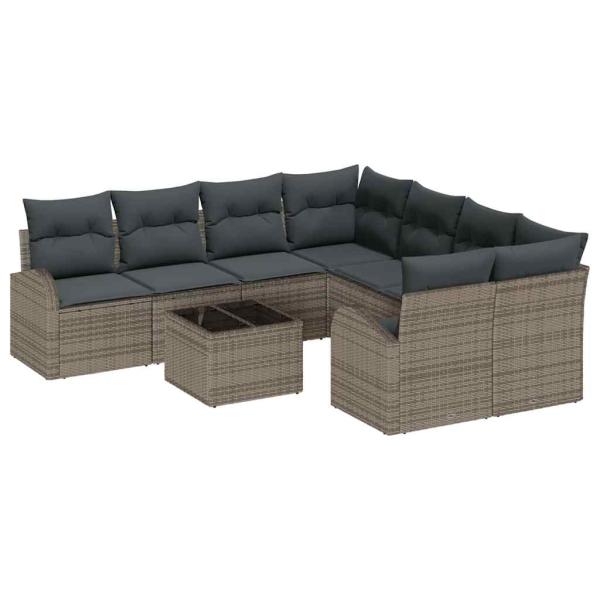 9-teiliges Garten Sofa Set mit Kissen aus grauem Poly-Rattan