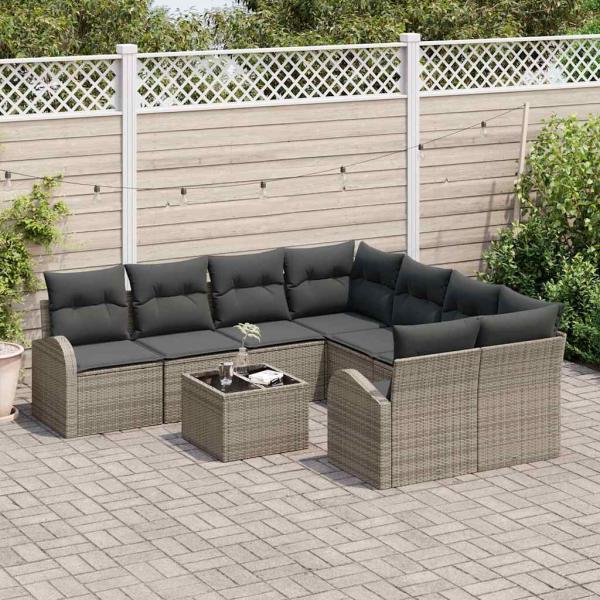 9-teiliges Garten Sofa Set mit Kissen aus grauem Poly-Rattan