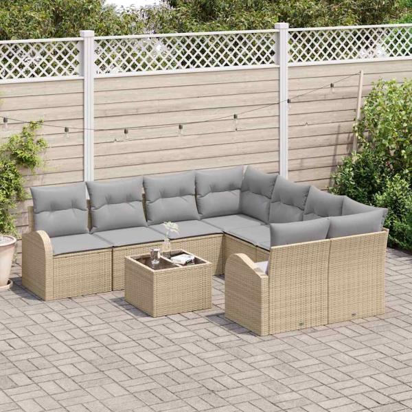 9-teilige Garten Sofa Set mit Kissen Beige Poly Rattan