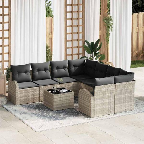 ARDEBO.de - 9-teiliges Garten Sofa Set mit Kissen Hellgrau Poly Rattan