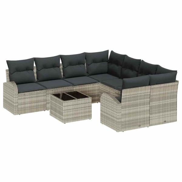 9-teiliges Garten Sofa Set mit Kissen Hellgrau Poly Rattan