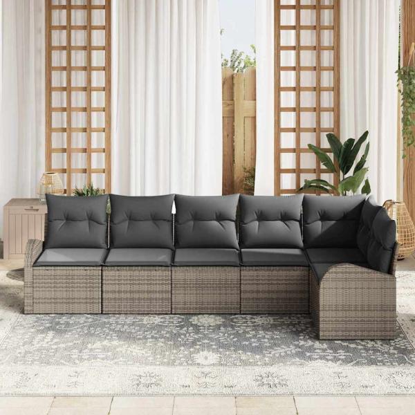 6-teiliges Garten-Sofa-Set mit Kissen Grau Poly-Rattan