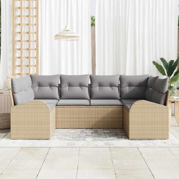 6-teiliges Garten Sofa Set mit Kissen Beige Poly Rattan