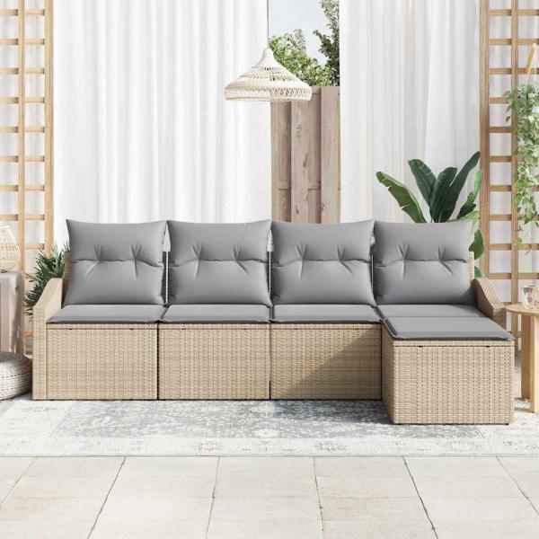5-teiliges Garten Sofa Set mit Kissen Beige Poly Rattan