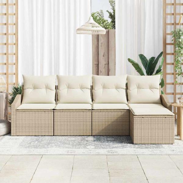 5-teiliges Garten Sofa Set mit Kissen Beige Poly Rattan