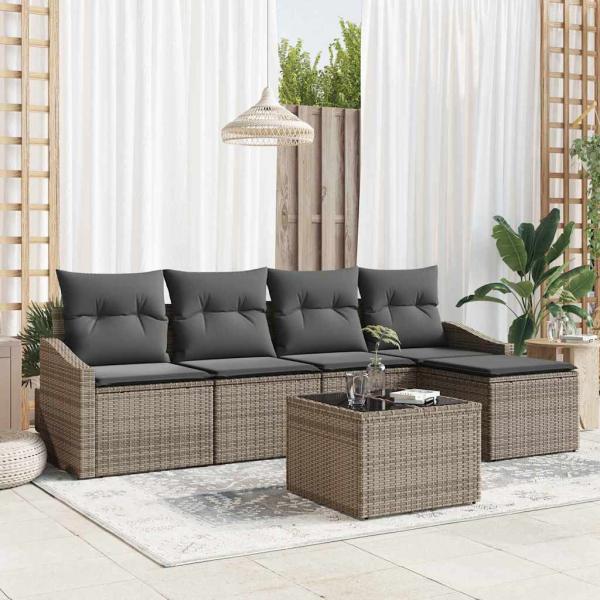 ARDEBO.de - 5-teiliges Garten-Sofa-Set mit Kissen grau Poly-Rattan