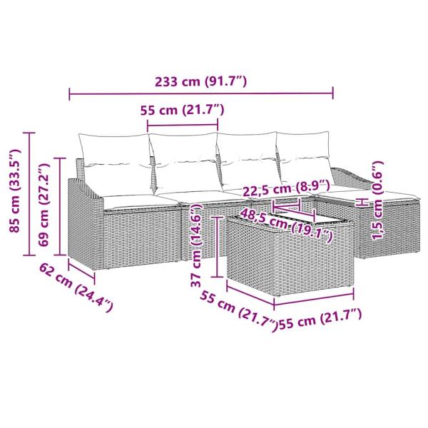 5-teiliges Garten-Sofa-Set mit Kissen grau Poly-Rattan