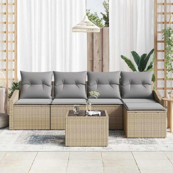 6-teiliges Garten Sofa Set mit Kissen Schwarz Poly Rattan