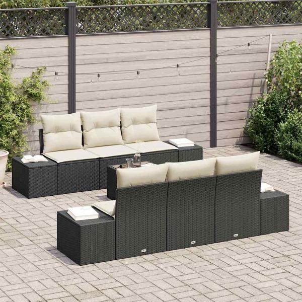 7-teiliges Gartensofaset mit Kissen Schwarz Poly-Rattan