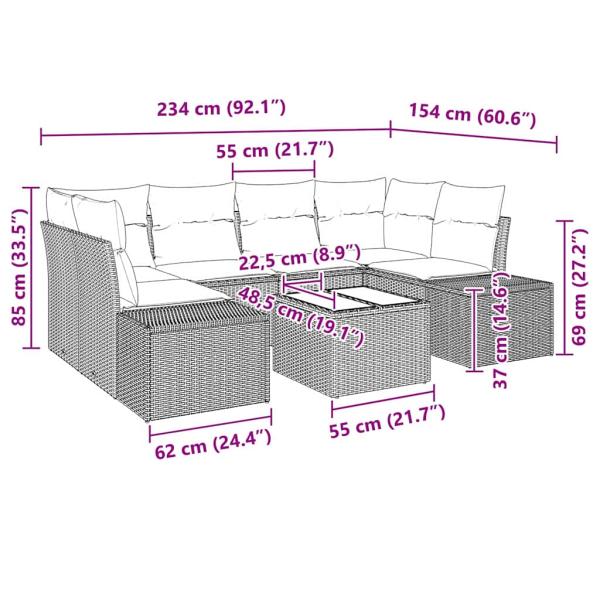 7-teiliges Garten Sofaset mit Kissen in Schwarz Poly Rattan