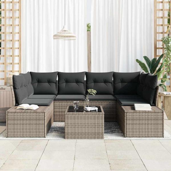 7-teiliges Garten-Sofa-Set mit Kissen Grau Poly-Rattan