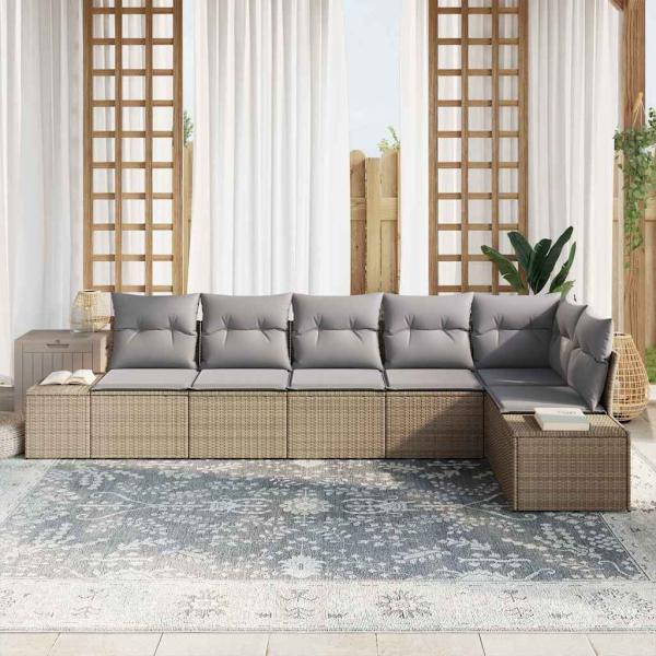 6 Teiliges Garten Sofa Set mit Kissen Beige Poly Rattan