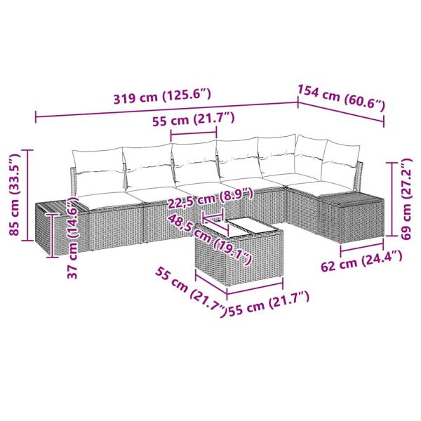 7-teiliges Garten Sofa Set mit Kissen Schwarz Poly Rattan