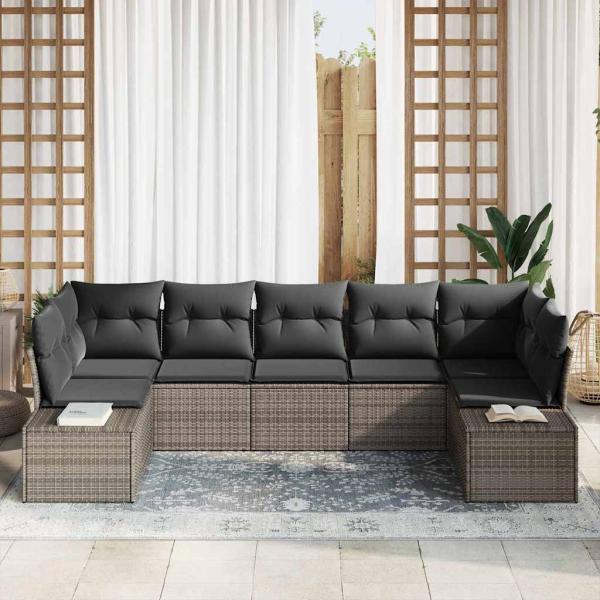 7-teiliges Garten-Sofa-Set mit Kissen Grau Poly-Rattan