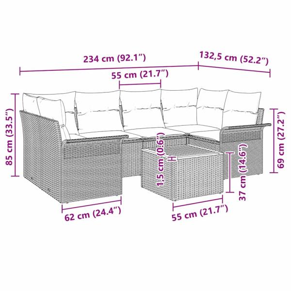 7-teiliges Garten Sofa Set mit Kissen Beige Poly Rattan Akazie