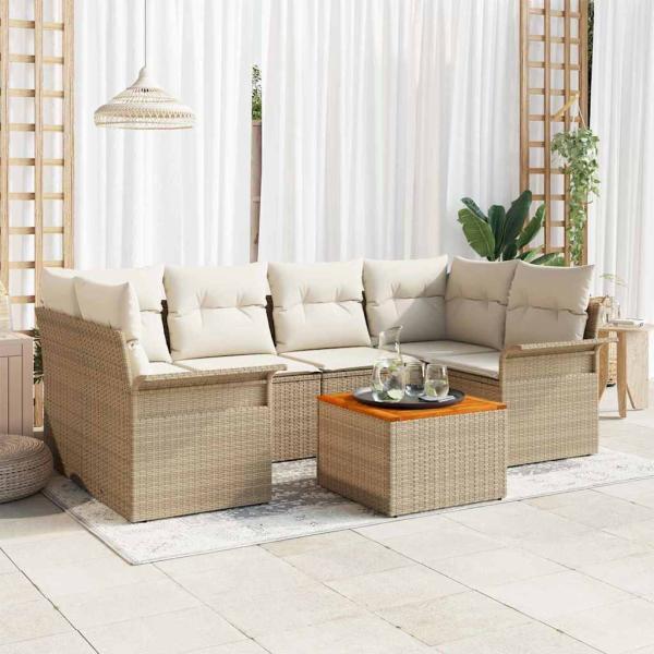 ARDEBO.de - 7-teiliges Garten Sofa Set mit Kissen Beige Poly Rattan Akazie