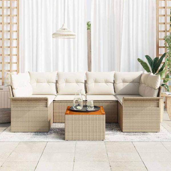 7-teiliges Garten Sofa Set mit Kissen Beige Poly Rattan Akazie