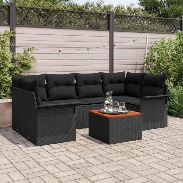 ARDEBO.de - 7-teiliges Garten-Sofa-Set mit Kissen Schwarz Poly Rattan Akazie