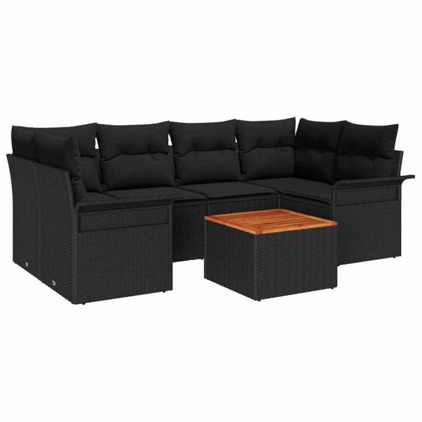 7-teiliges Garten-Sofa-Set mit Kissen Schwarz Poly Rattan Akazie