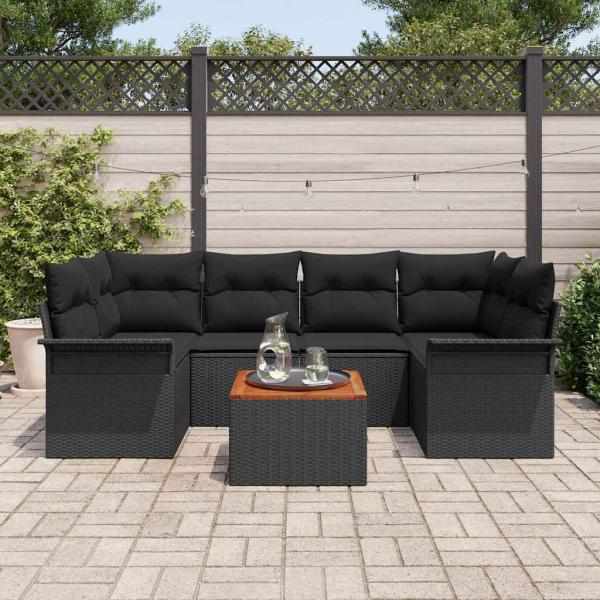 7-teiliges Garten-Sofa-Set mit Kissen Schwarz Poly Rattan Akazie