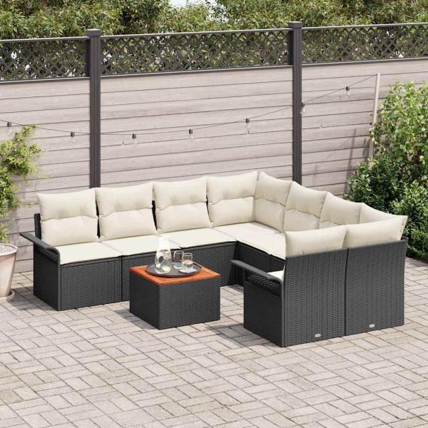 9-teiliges Garten Sofa Set mit Kissen Schwarz Poly-Rattan Akazie