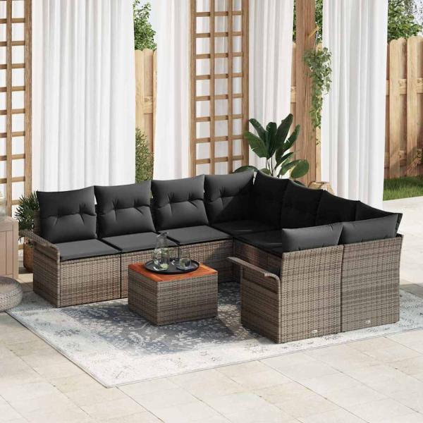 ARDEBO.de - 9-teiliges Garten Sofa Set mit Kissen Grau Poly-Rattan Akazie