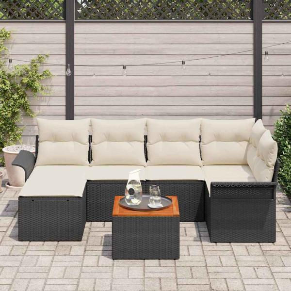 7-teiliges Gartensofa Set mit Kissen in Schwarz Poly Rattan Akazie
