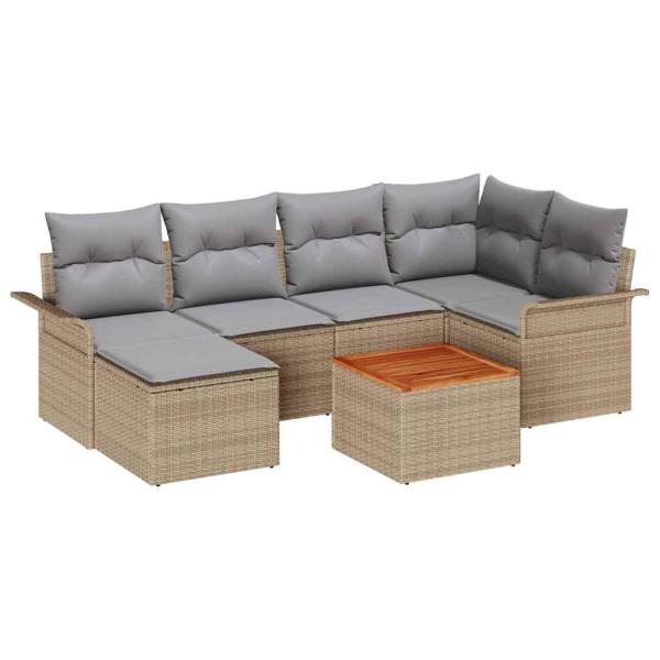 7-teiliges Garten Sofa Set mit Kissen Beige Poly Rattan Akazie