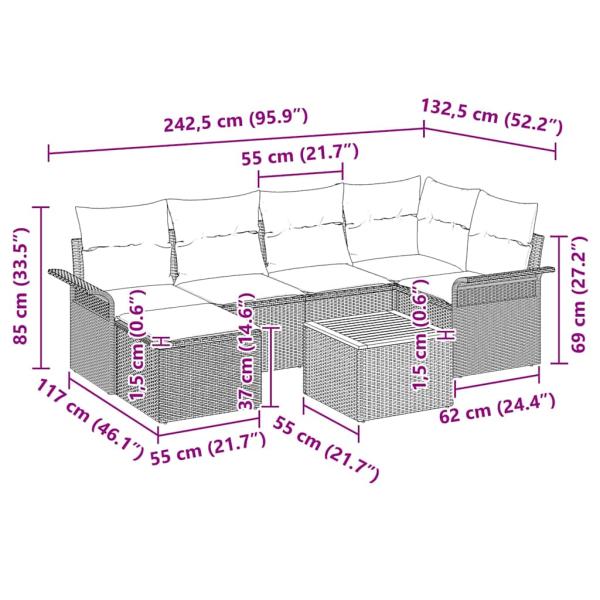 7-teiliges Garten Sofa Set mit Kissen Beige Poly Rattan Akazie