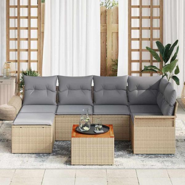 7-teiliges Garten Sofa Set mit Kissen Beige Poly Rattan Akazie