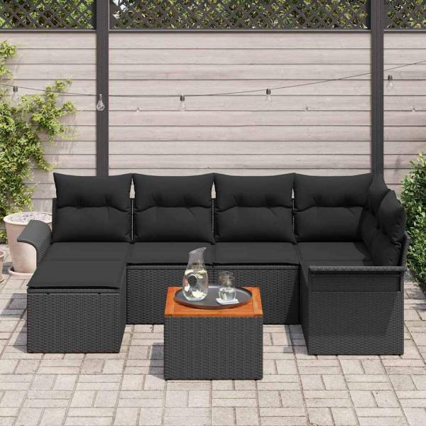 7-teiliges Garten Sofa Set mit Kissen Schwarz Poly Rattan Akazie