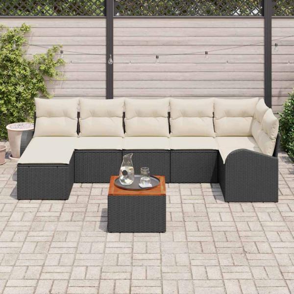 8-teiliges Garten Sofa Set mit Kissen Schwarz Poly Rattan Akazie