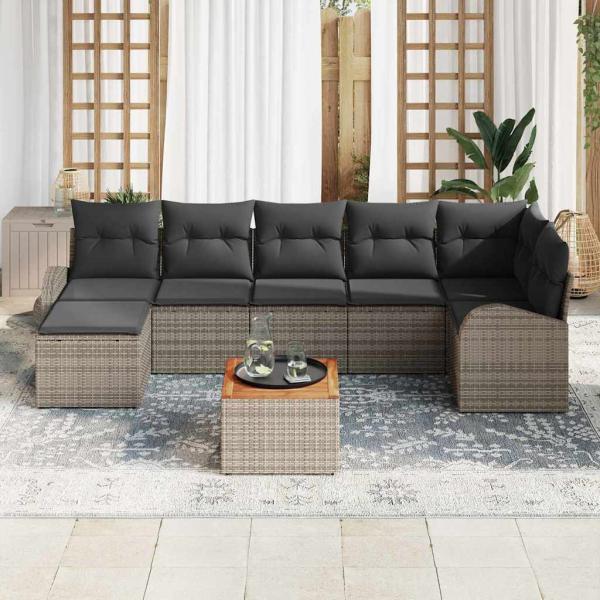 8-teiliges Garten Sofa Set mit Kissen Grau Poly Rattan Akazie