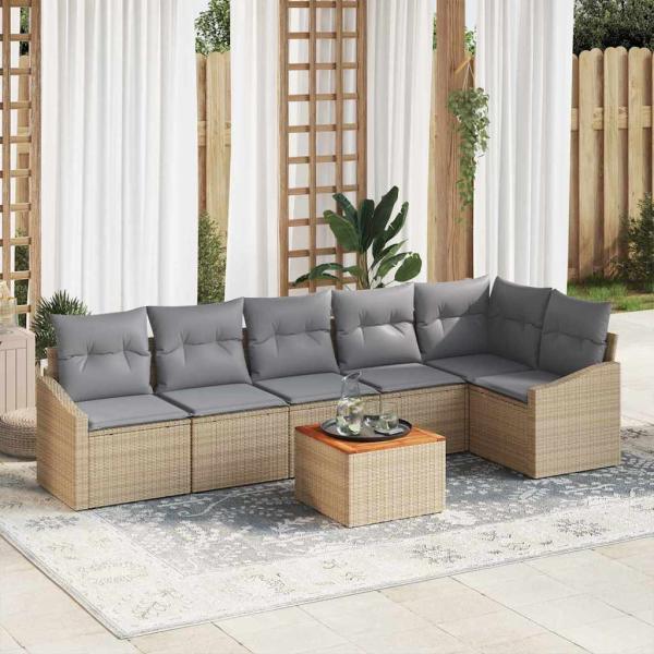 ARDEBO.de - 7-teiliges Garten Sofa Set mit Kissen Beige Poly Rattan Akazie