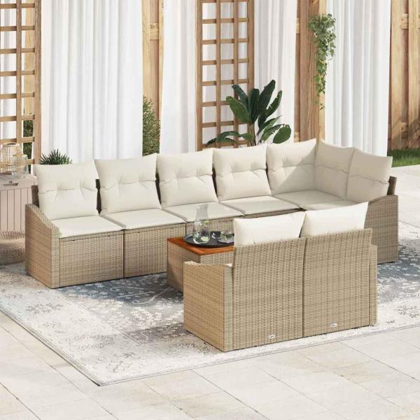 ARDEBO.de - 9-teiliges Garten Sofaset mit Kissen Beige Poly Rattan Akazie