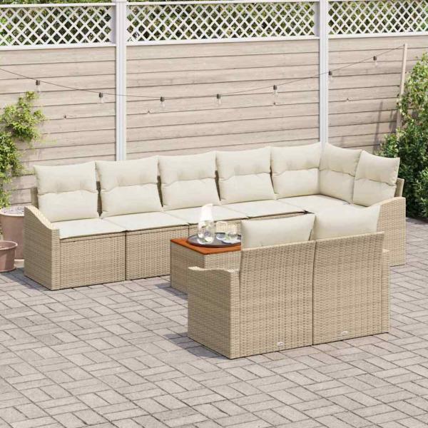 9-teiliges Garten Sofaset mit Kissen Beige Poly Rattan Akazie
