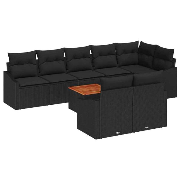9-teiliges Garten Sofa Set mit Kissen Schwarz Poly-Rattan Akazie