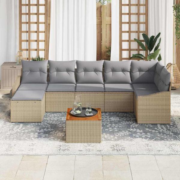 8-teiliges Garten-Sofa-Set mit Kissen Beige Poly Rattan Akazie