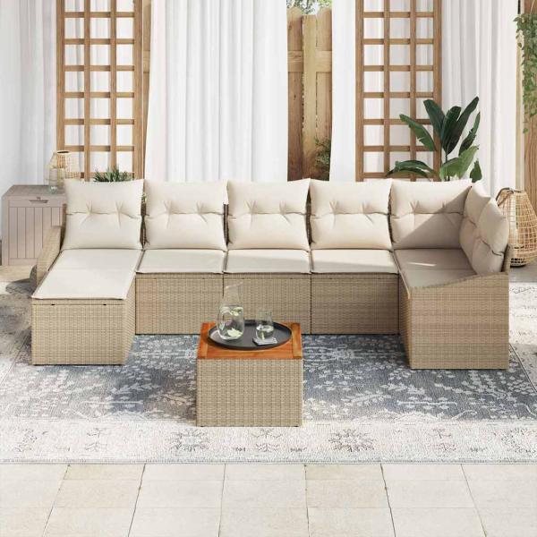 8-teiliges Garten-Sofa-Set mit Kissen Beige Poly-Rattan Akazie