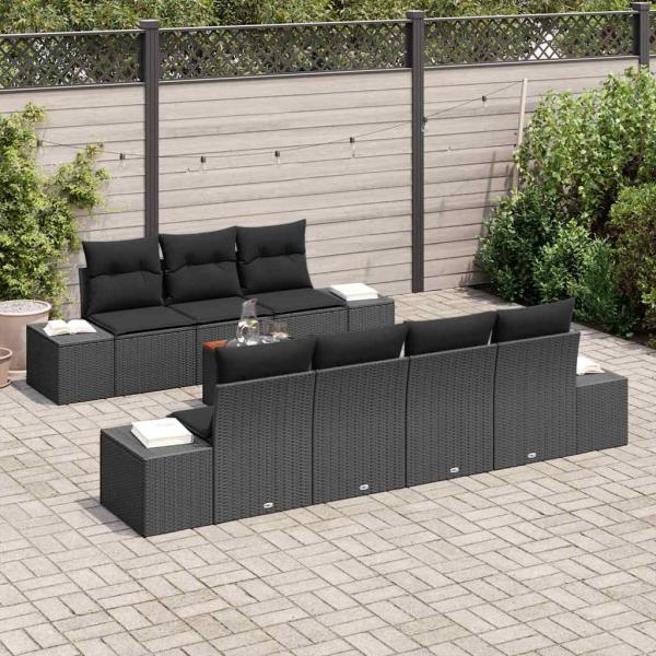 8-teiliges Garten Sofa Set mit Kissen Schwarz Poly Rattan Akazie