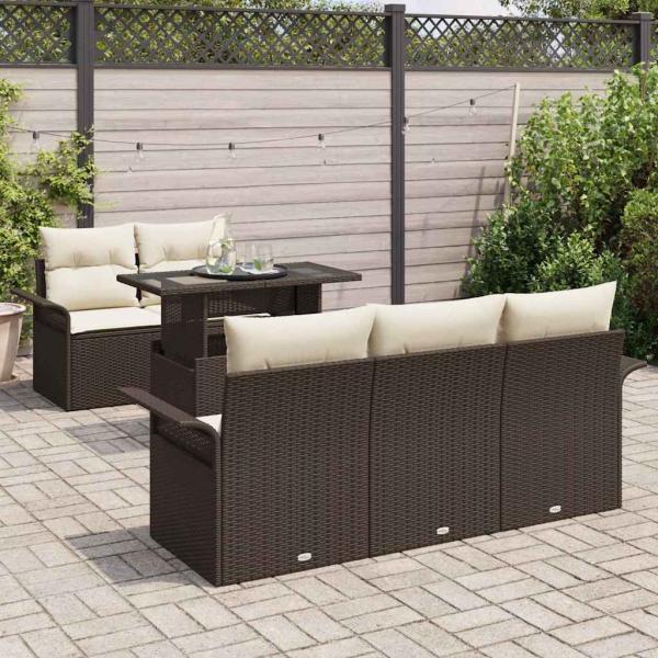 6-teiliges Garten-Sofa-Set mit Kissen Braun Poly Rattan