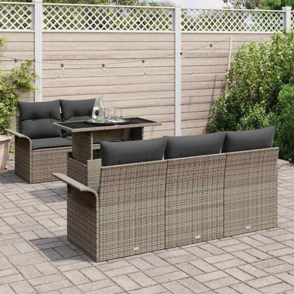 6-teiliges Gartensofa Set mit Kissen Grau Poly Rattan