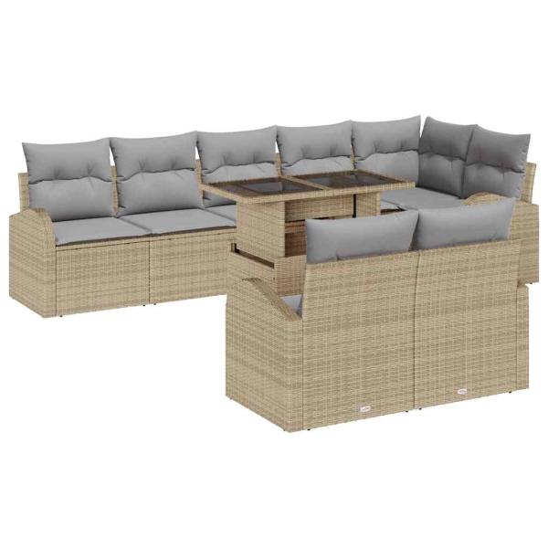 9-teiliges Garten Sofa Set mit Kissen Beige Poly Rattan