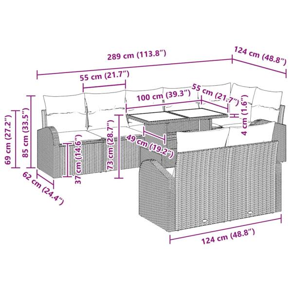 9-teiliges Garten Sofa Set mit Kissen in Hellgrau aus Poly-Rattan