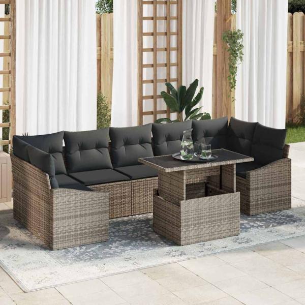 ARDEBO.de - 8-teiliges Garten-Sofa-Set mit Kissen Grau Poly-Rattan