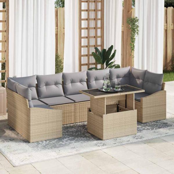 ARDEBO.de - 8-teiliges Garten Sofa Set mit Kissen Beige Poly Rattan