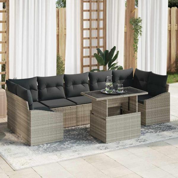 ARDEBO.de - 8-teiliges Garten-Sofa-Set mit Kissen Hellgrau Poly-Rattan